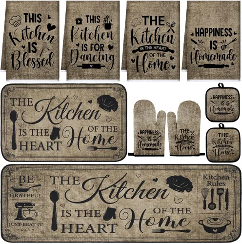 Miniatura 16 de Fourluoo Juego de 10 piezas de decoración y accesorios de cocina de granja, 4 toallas de cocina, 2 soportes para ollas, 2 guantes de horno, 2 Verde