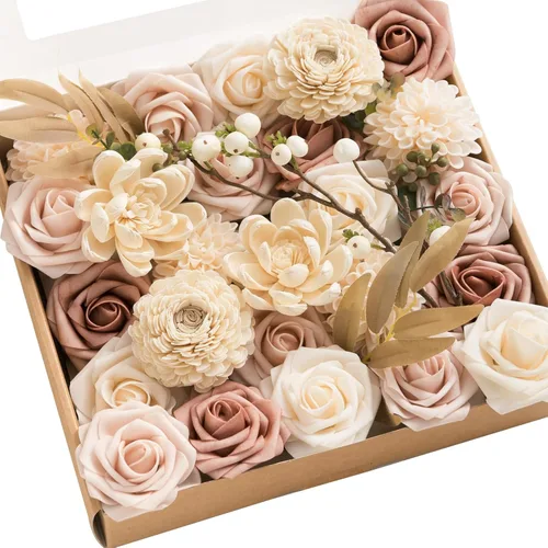 Miniatura 11 de Ling's moment Caja de Flores Falsas, Tallos de Vegetación Artificial Falsa, Rosas de Espuma, Gardenias, Hortensias de Seda, Ranúnculos, Flor de Tela