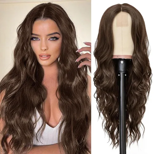 Miniatura 38 de NAYOO Pelucas marrones con flequillo para mujer, pelucas de cabello largo y ondulado, resistentes al calor, pelucas de fibra sintética para uso