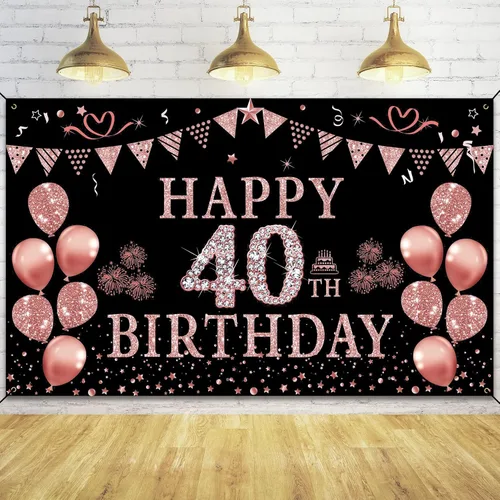 Trgowaul Cartel de decoración de cumpleaños número 40 para mujer, decoraciones de feliz cumpleaños número 40 de oro rosa para mujeres, decoraciones