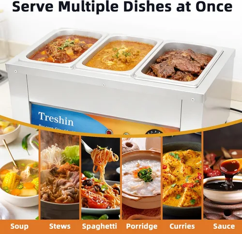 Miniatura 5 de Treshin Calentador de alimentos comercial de 3 sartenes, capacidad de 21 cuartos de galón, 1200 W, de acero inoxidable, calentador de alimentos