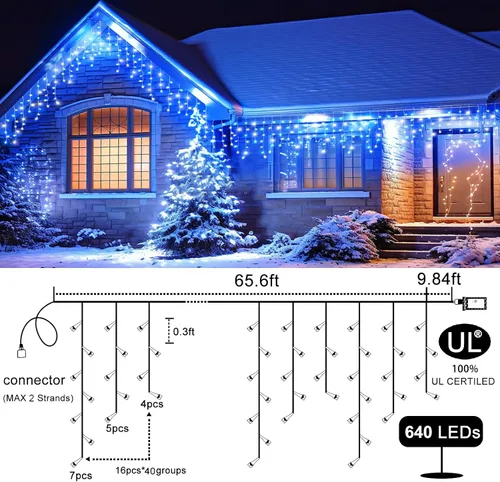 Miniatura 8 de Luces de Navidad de carámbano para exteriores, 66 pies, 640 luces LED de Navidad azules y blancas, 8 modos con 120 gotas, luz de carámbano