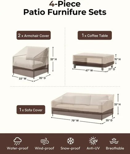Miniatura 2 de loriano Juego de fundas para muebles de patio, 4 piezas de fundas impermeables para muebles de exterior, 600D de alta resistencia, juego de fundas