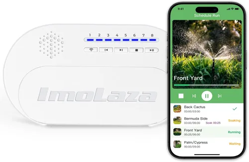 ImoLaza Controlador de sistema de aspersores inteligente de WiFi para interior de 4 zonas, temporizador de riego de fácil instalación para césped y