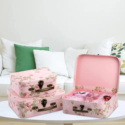 Miniatura 7 de Fasmov Paquete de 3 maletas de cartón, cajas de almacenamiento decorativas, cajas de regalo con tapas para almacenamiento de fotos, decoración