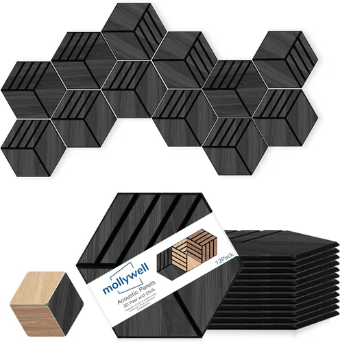 Miniatura 18 de Mollywell Paneles acústicos, decoración de grano de madera de PVC, azulejos de pared con patrón tallado de 12 x 12 pulgadas, autoadhesivos