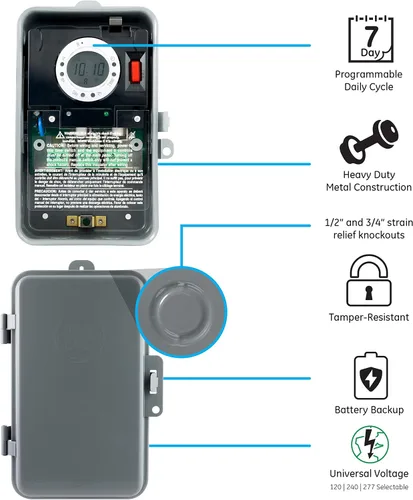 Miniatura 5 de GE Interruptor temporizador digital de piscina de 7 días, capacidad de carga de 2 HP 40 A, clasificación NEMA 3R para exteriores, reemplazo