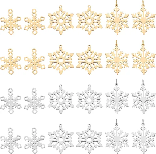 Miniatura 8 de DICOSMETIC 24 dijes de copos de nieve de Navidad de acero inoxidable, dijes de nieve de invierno, colgantes de vacaciones para pulseras, collares