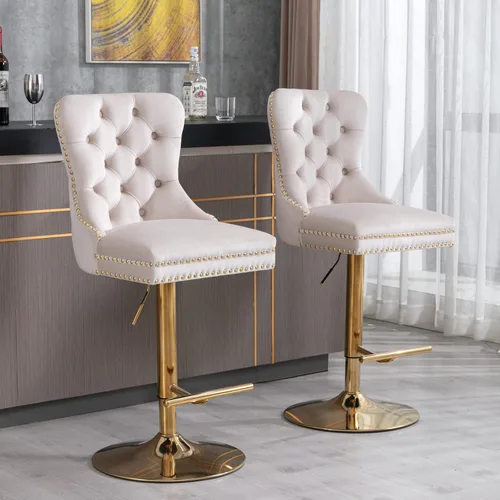 Miniatura 6 de Taburete de bar giratorio con respaldo copetudo, taburetes de bar ajustables en altura de mostrador, ribete de cabeza de clavo, silla de bar Beige +