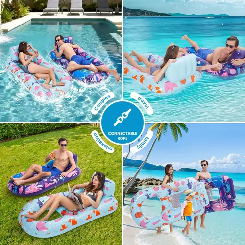 Miniatura 7 de PuppyuWill Paquete de 2 flotadores de piscina para adultos, flotador inflable para piscina, resistente con soporte para tazas, respaldo