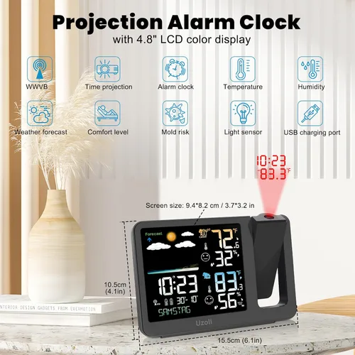 Miniatura 2 de uzoli Reloj Despertador de Proyección Estación Meteorológica, Reloj Proyector Atómico WWVB con Sensor, Retroiluminación Ajustable, Temperatura