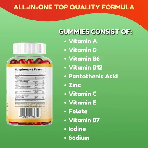 Miniatura 7 de Gomitas multivitamínicas halal y vegetarianas para adultos, 45 porciones. Con 12 vitaminas y minerales esenciales. Sin gelatina y gluten. Vitaminas