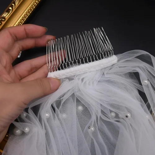 Miniatura 5 de Mopmap 1 nivel nupcial velo de novia perla capilla longitud tul accesorios para el cabello con peine