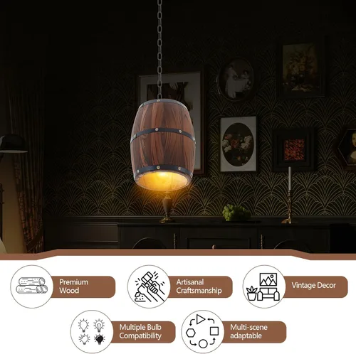 Miniatura 6 de Copkim Lámpara colgante de barril de vino de madera rústica con cadena ajustada, lámpara colgante antigua E26 lámpara de techo para bar, cocina