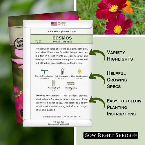 Miniatura 2 de Sow Right Seeds - Sensation Cosmos Flower Seed para plantar - Paquete de reliquia sin OMG con instrucciones para crecer - Corta y vuelve a aparecer