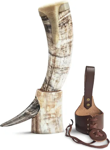 Miniatura 11 de Norse Tradesman Cuerno vikingo de cuerno de buey genuino de 12 pulgadas con exquisito lobo grabado a mano y nudo celta, funda de cinturón de cuero