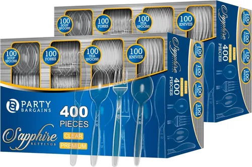 Miniatura 8 de Party Bargains Juego de cubiertos desechables Color: zafiro transparente 400 piezas: 100 cucharaditas, 100 cucharaditas, 100 cucharas soperas, 100