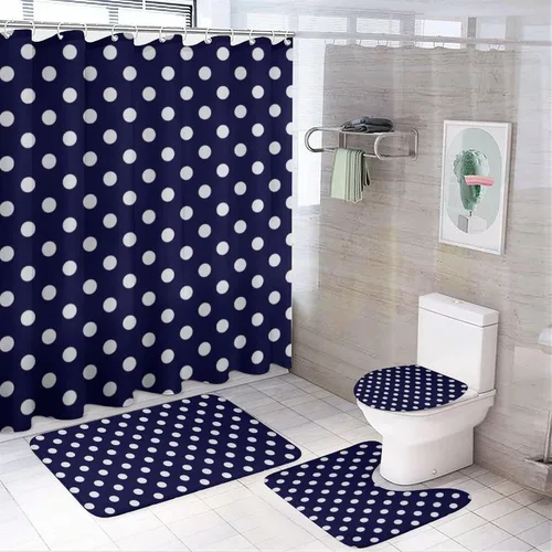 Miniatura 43 de Juego de 3 alfombras de baño con diseño de lunares, color azul aguamarina, antideslizante, con contorno en forma de U y tapa de inodoro