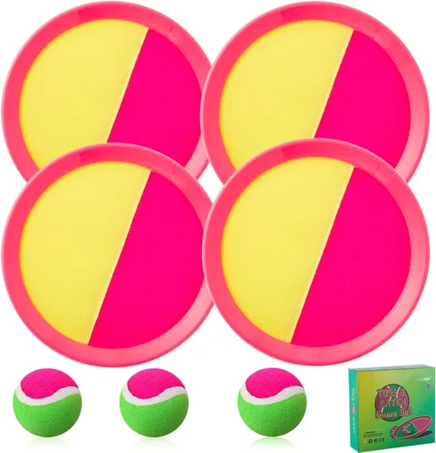 Juegos de playa, juguetes al aire libre para niños de 4 a 8 años, juego de pelotas para lanzar y atrapar, con 4 paletas, 3 bolas y 1 bolsa de Rosa
