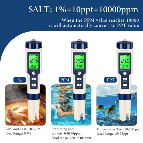Miniatura 2 de Medidor de pH y TDS Medidor digital de agua 5 en 1 Probador de salinidad PH Temp EC y medidor TDS, medidor de pH para agua con retroiluminación LCD