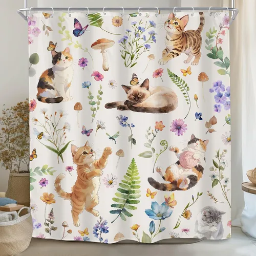SVBright Divertida cortina de ducha con diseño de gato de 60 pulgadas de ancho x 72 pulgadas de largo, estilo bohemio, acuarela, floral, lindo