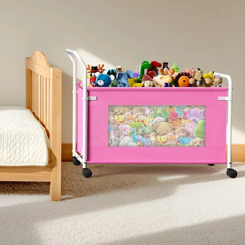 Miniatura 7 de KEEGH Caja de juguetes extra grande para niños con ruedas giratorias de 360°, cofre de juguetes resistente para niños y niñas, organizador de Rosa