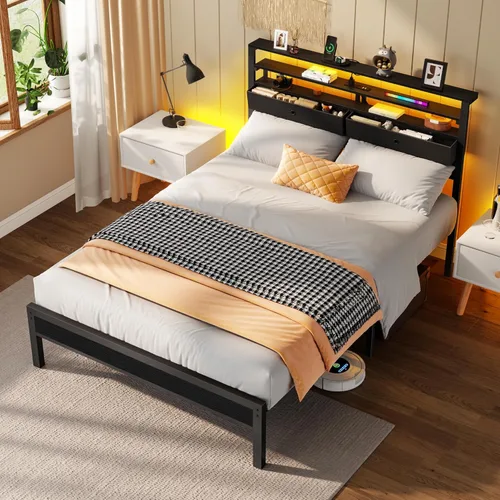Miniatura 9 de Furnulem Full Size Bed Frame with Headboard, 3-Tier Storage Shelves & 2 Fabric Drawers, Built-in Charging Station & RGB LED Lights, Metal Slat
