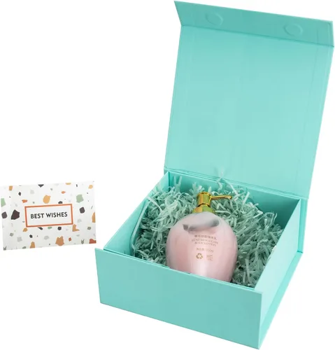 CHARMGIFTBOX Cajas de regalo con tapas, 7.4 x 7.0 x 3.2 pulgadas, pequeña caja de regalo magnética azul Auqa con tarjeta, pequeñas cajas plegables