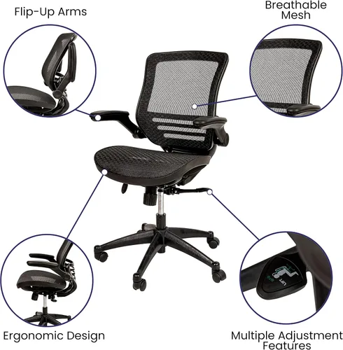 Miniatura 4 de Flash Furniture Warfield Silla de oficina giratoria ejecutiva de malla negra transparente con marco negro y brazos abatibles