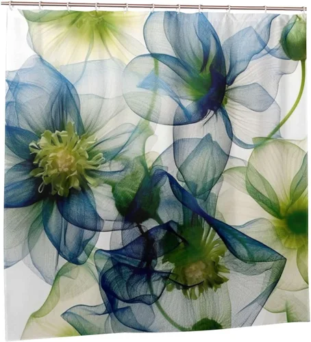 Miniatura 7 de YLATY2774 - Cortina de ducha de flores abstractas para baño, juego de cortina de ducha bohemia floral azul y verde, tela transparente, moderna