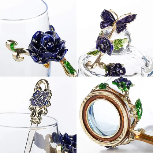 Miniatura 6 de BTAT - Juego de tazas de té de vidrio floral con cuchara y tapa, paquete de 2, 11 onzas, azul y rojo, diseño de mariposa y flor con caja de regalo