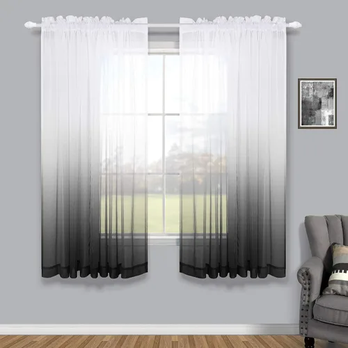 Miniatura 29 de KOUFALL Cortinas de ventana de baño para ducha, juego de 2 paneles de cortinas cortas transparentes en blanco y negro para cocina, dormitorio