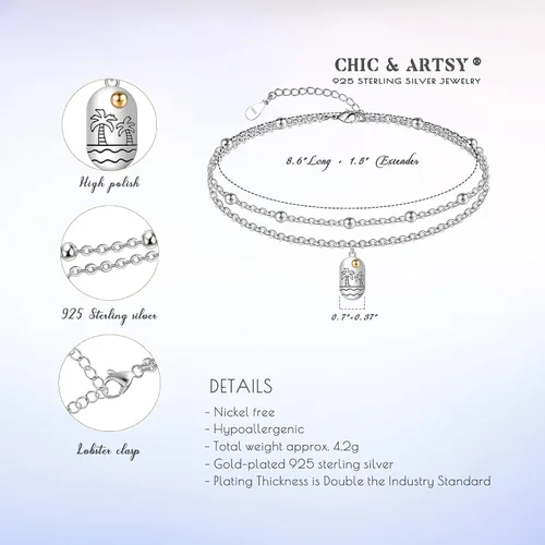 Miniatura 20 de CHIC & ARTSY Tobilleras delicadas de plata de ley S925 para verano, pulsera de tobillo ajustable multicapa para playa, joyería de pie para mujer