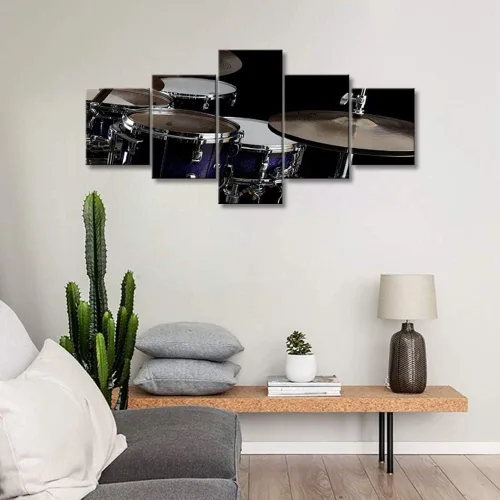 Miniatura 3 de Arte de pared en blanco y negro, kit de batería de jazz morado sobre fondo negro, pinturas de 5 paneles, lienzo, arte de pared para decoración