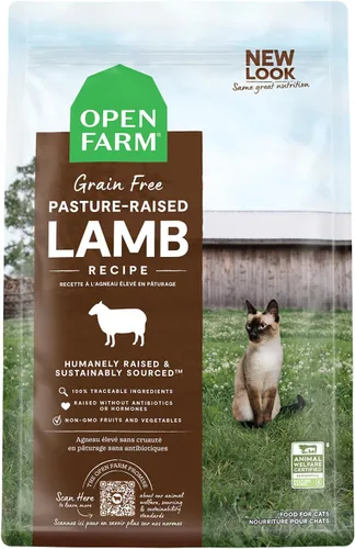 Open Farm - Alimento seco para gatos sin granos de cordero criado en pasto, receta de cordero criado humanamente con superalimentos sin OMG y sin