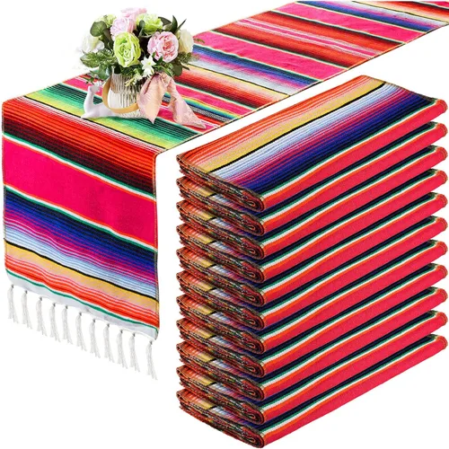 Miniatura 10 de Tegeme 12 Piezas Caminos de Mesa Mexicanos 14 x 84 Pulgadas Camino de Mesa Mexicano Serape Manta Decorativa con Flecos de Algodón Decoración