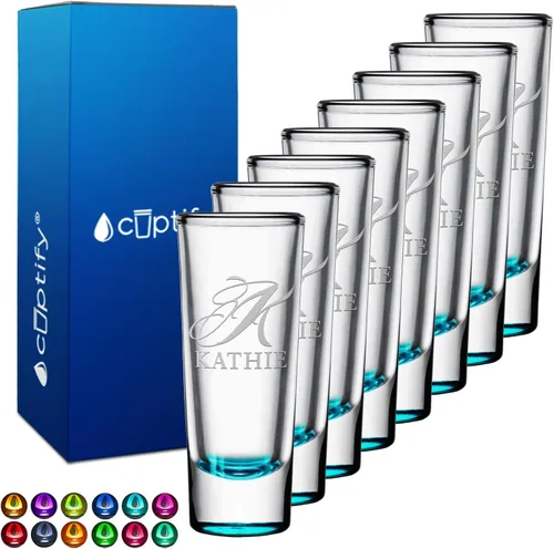 Miniatura 75 de Vaso de chupito personalizado con fondo verde azulado personalizado de 2 oz, vasos de chupito cordial con inicial en script dividido y nombre