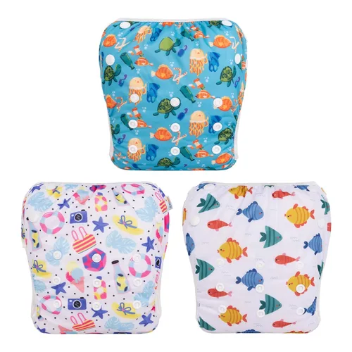 Miniatura 8 de Alva, Pañales de bebé para nadar, paquete de 2 unidades, talle único, reutilizable, lavable y ajustable de 0 a 36 meses. Tamaño de 10 a 40 lbs