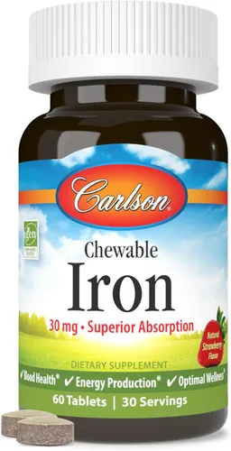 Miniatura 5 de Carlson - Hierro masticable, 30 mg, absorción superior, salud de la sangre, producción de energía y bienestar óptimo, sabor natural a fresa, 60