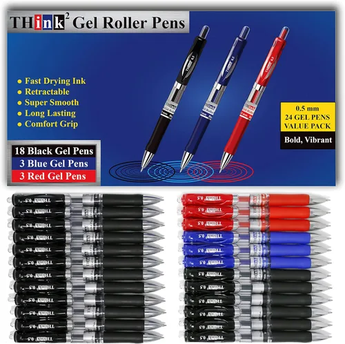 Miniatura 8 de [24 Bolígrafos - Tinta Azul] Bolígrafos de Gel Retráctiles Think2. (24 Azul) Punta Fina (0.5mm) Bolígrafos Tipo Roller con Agarre Cómodo.