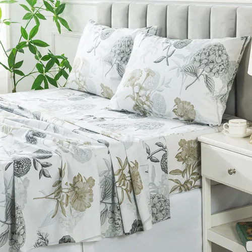 Miniatura 56 de FADFAY Juego de sábanas tamaño King, 100% algodón, elegante ropa de cama de granja con hojas verdes menta y flores blancas, sábana suave