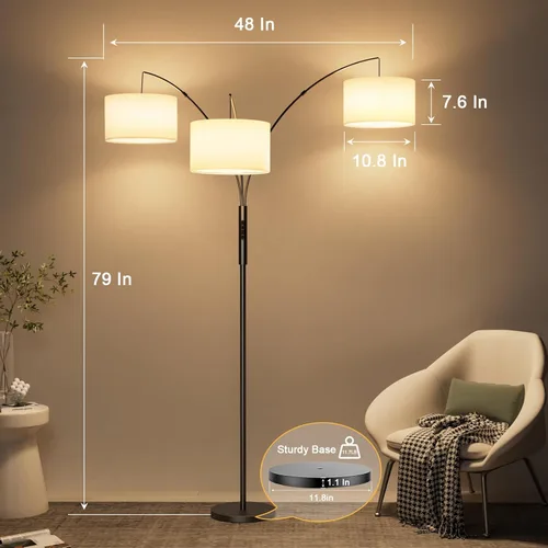 Miniatura 5 de SIBRILLE Lámpara de pie de arco RGB de 36 W con 3 pantallas de tela blanca, lámpara de pie súper brillante de 3000 lm con control remoto y táctil