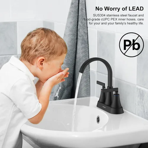 Miniatura 7 de Hurran - Grifo de acero inoxidable, de 4 pulgadas, 3 orificios con drenaje emergente y líneas de suministro, giratorio 360, para el lavabo del baño