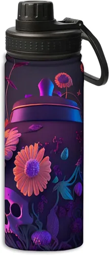 Miniatura 13 de OOZ Calavera y flores patrón 18 oz deportes aislados botellas de agua de acero inoxidable para correr, senderismo, ciclismo, escalada, negro Negro 8
