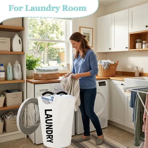 Miniatura 2 de WOOHA Cesta de lavandería grande de 115 litros, cesta plegable para ropa, cestas altas de tela plegables para dormitorio, armario, baño