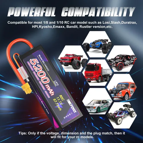 Miniatura 6 de Batería Lipo de 11.1V 3S 5200mAh 80C Lipos Estuche rígido con conector XT60 para coches RC camiones 1/8 1/10 vehículos RC (2 paquetes)