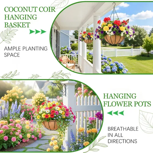 Miniatura 5 de Macetas colgantes para plantas de exterior, paquete de 4 cestas colgantes de metal de 12 pulgadas con forro de fibra de coco y alambre para plantas