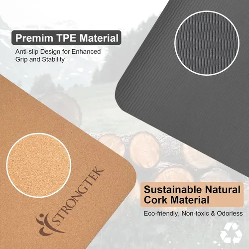 Miniatura 2 de StrongTek Esterilla de yoga de corcho ecológico, 7mm de espesor, 183 x 61 cm, corcho+TPE, 0.9 kg, antideslizante, ligera y acolchada para yoga