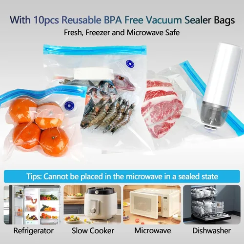 Miniatura 6 de Sellador al vacío de mano para alimentos, juego de máquina selladora al vacío inalámbrica portátil con 10 bolsas Sous Vide para almacenamiento