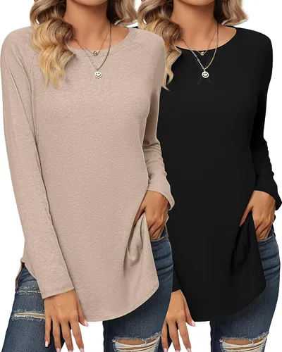 Miniatura 3 de Ficerd 2 Pack Women's Long Sleeve Shirts, Loose Fit Crew Neck Tunic Tops Loose Fit Side Split Basic Pullover Tee Shirts